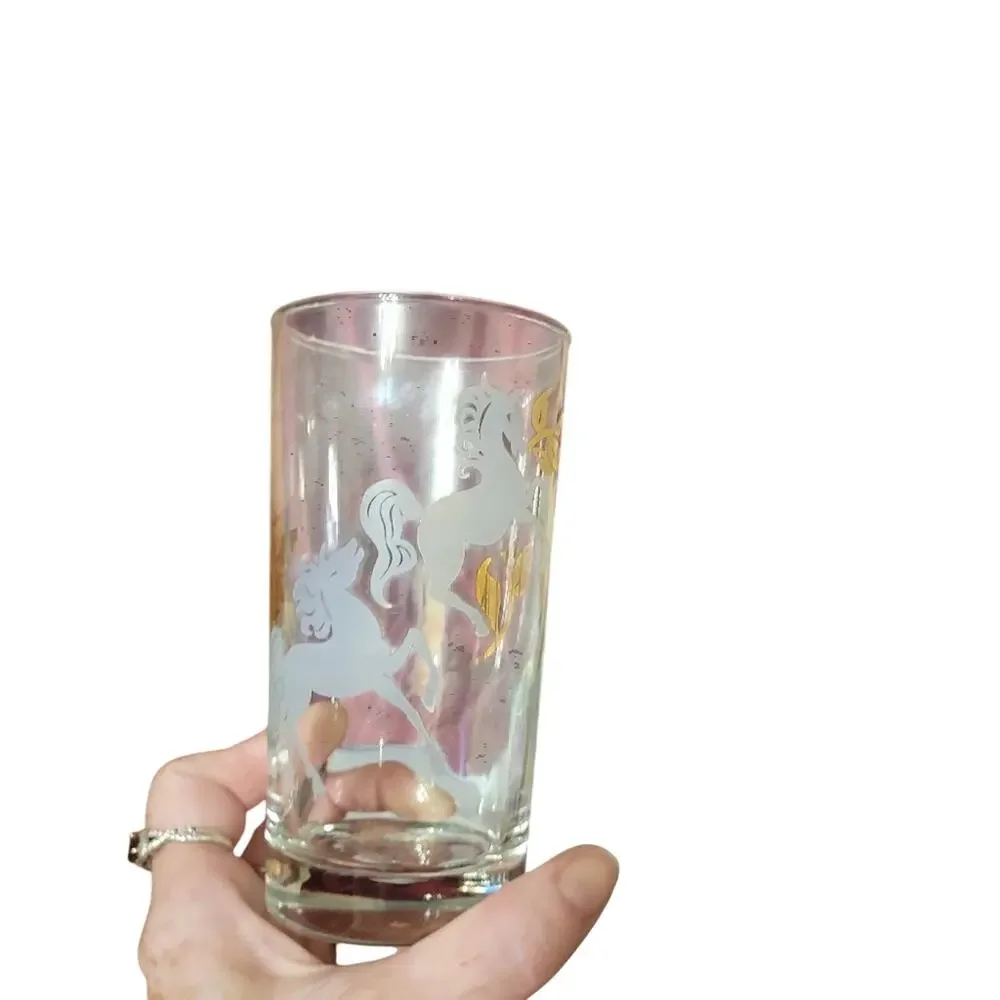 Vintage Retro Libbey Double Unicorn/Horse Gold Ribbon Glasses Barware Set Of 6
